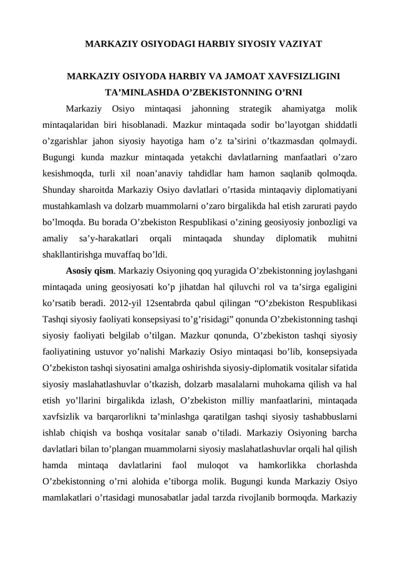 MARKAZIY OSIYODAGI HARBIY SIYOSIY VAZIYAT 1