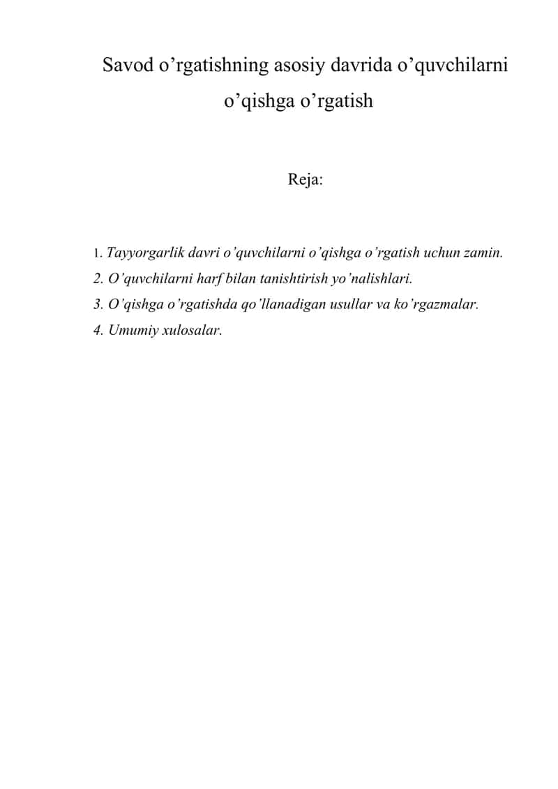 Savod o’rgatishning asosiy davrida o’quvchilarni o’qishga o’rgatish 1