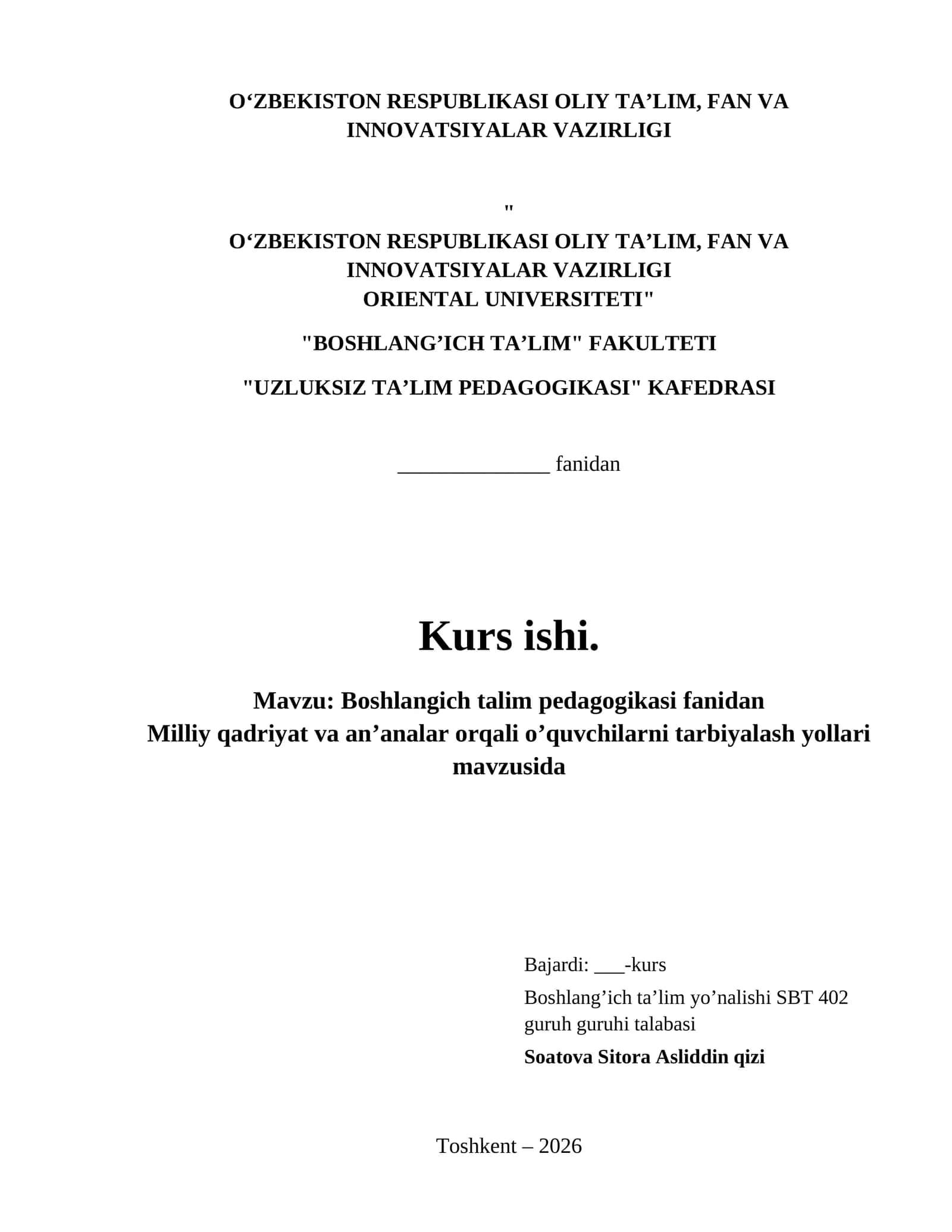 Boshlangich talim pedagogikasi fanidan 1