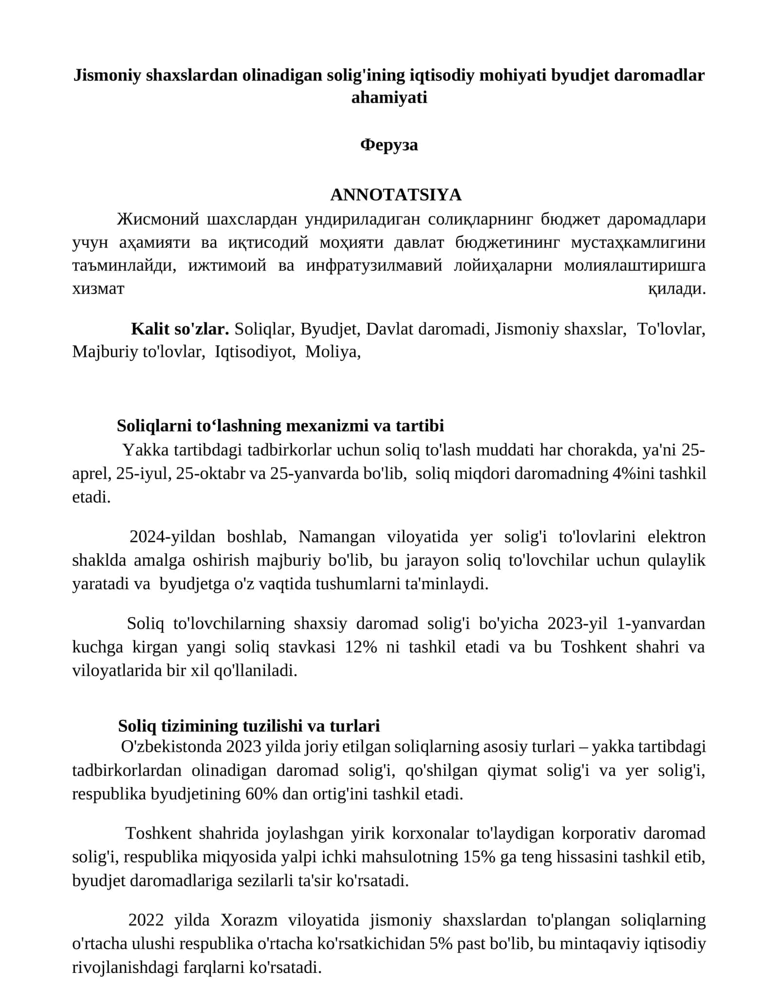 Jismoniy shaxslardan olinadigan solig'ining iqtisodiy mohiyati byudjet daromadlar ahamiyati 1