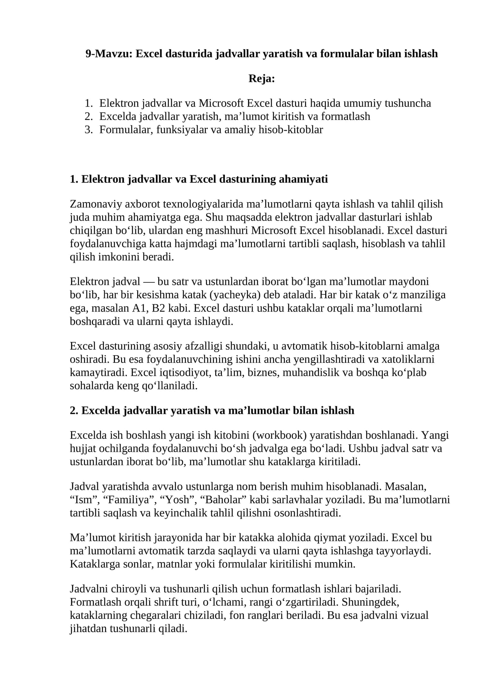 Excel dasturida jadvallar yaratish va formulalar bilan ishlash 1