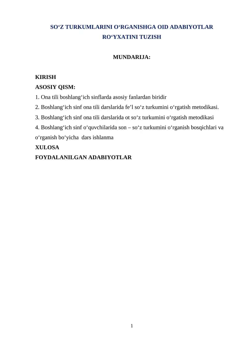 SO‘Z TURKUMLARINI O‘RGANISHGA OID ADABIYOTLAR RO‘YXATINI TUZISH 1