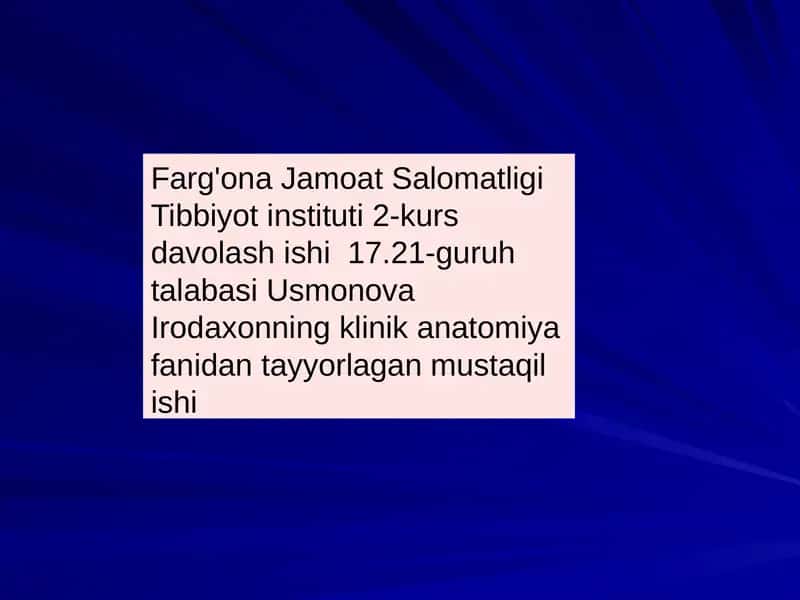 Farg'ona Jamoat Salomatligi Tibbiyotinstituti 2-kurs darsligi - Ko`krakning Klinika anatomiya fanidan tayyorlagan mustaqilishi 1