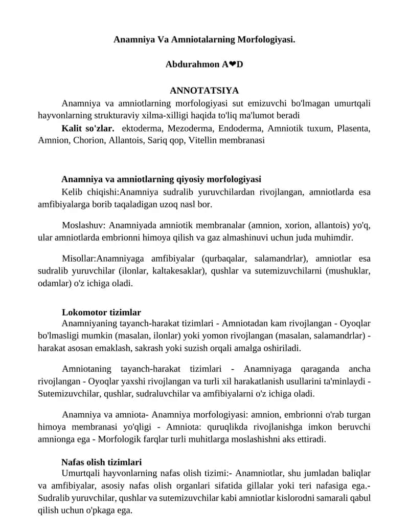 Anamniya Va Amniotalarning Morfologiyasi 1