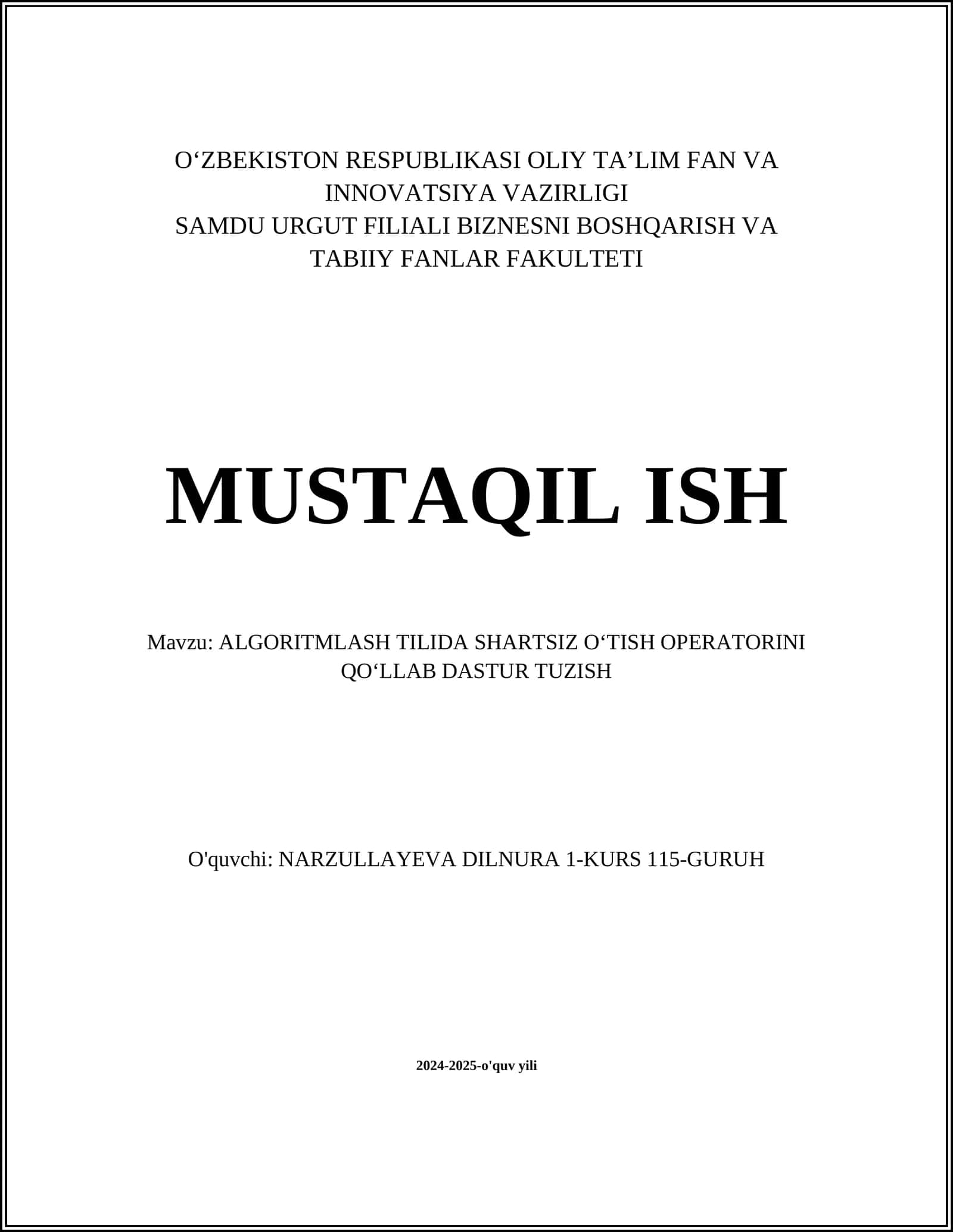 ALGORITMLASH TILIDA SHARTSIZ OʻTISH OPERATORINI QOʻLLAB DASTUR TUZISH 1