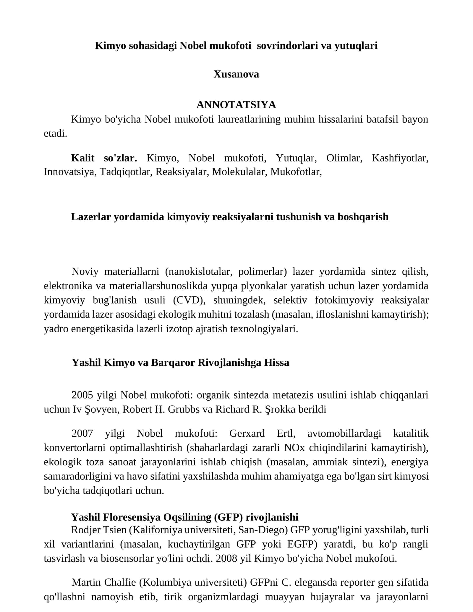 Kimyo sohasidagi Nobel mukofoti sovrindorlari va yutuqlari 1