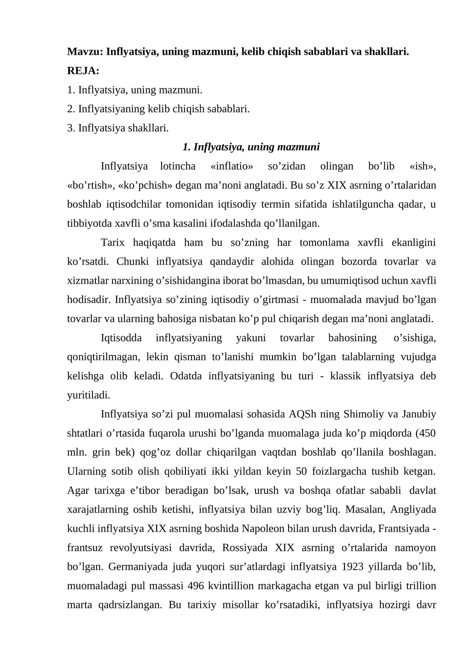 Inflyatsiya, uning mazmuni, kelib chiqish sabablari va shakllari 1