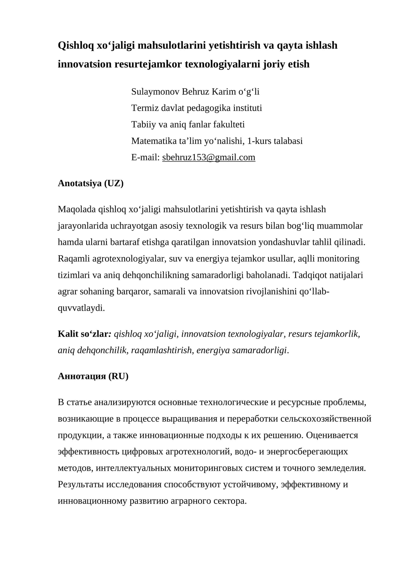 Qishloq xoʻjaligi mahsulotlarini yetishtirish va qayta ishlash innovatsion resurtejamkor texnologiyalarni joriy etish 1