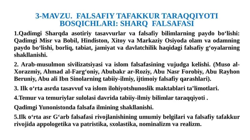 FALSAFIY TAFAKKUR TARAQQIYOTI BOSQICHLARI:SHARQFALSAFASI 1