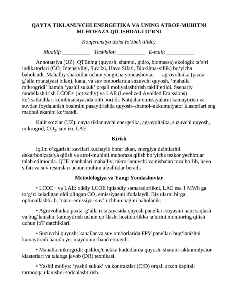QAYTA TIKLANUVCHI ENERGETIKA VA UNING ATROF-MUHITNI MUHOFAZA QILISHDAGI O‘RNI 1