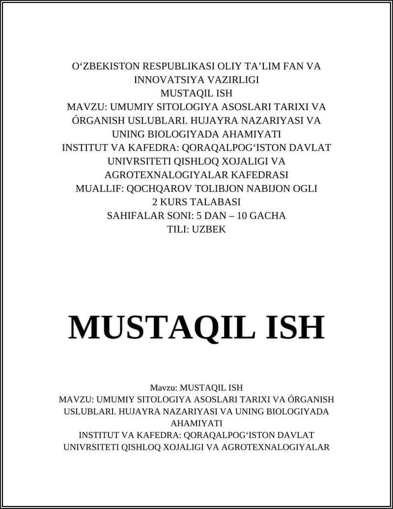 UMUMIY SITOLOGIYA ASOSLARI TARIXI VA ÓRGANISH USLUBLARI. HUJAYRA NAZARIYASI VA UNING BIOLOGIYADA AHAMIYATI 1