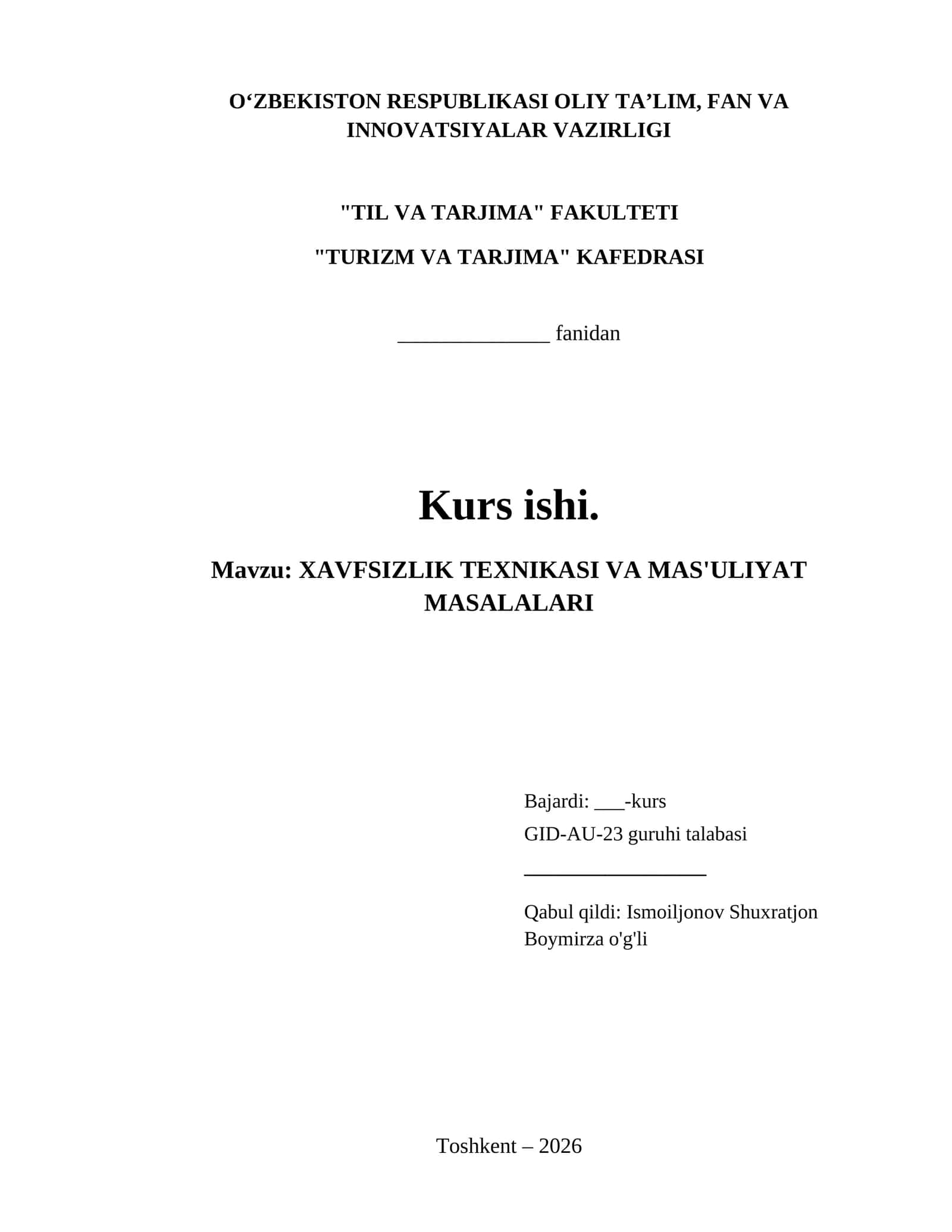 XAVFSIZLIK TEXNIKASI VA MAS'ULIYAT MASALALARI 1
