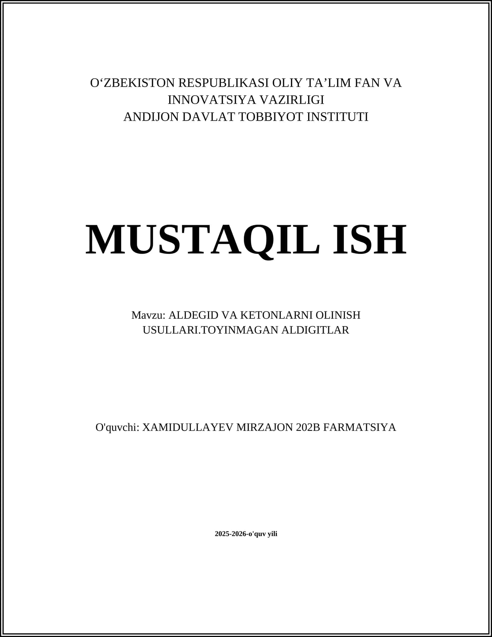 ALDEGID VA KETONLARNI OLINISH USULLARI.TOYINMAGAN ALDIGITLAR 1