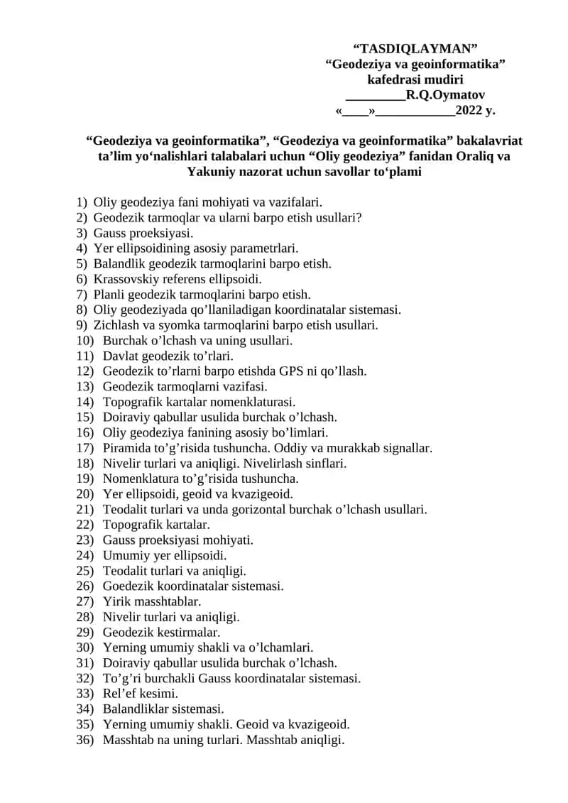 “Oliy geodeziya” fanidan Oraliq va Yakuniy nazorat uchun savollar to‘plami 1