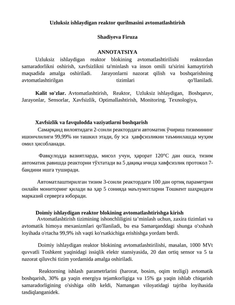Uzluksiz ishlaydigan reaktor blokining avtomatlashtirilishi 1