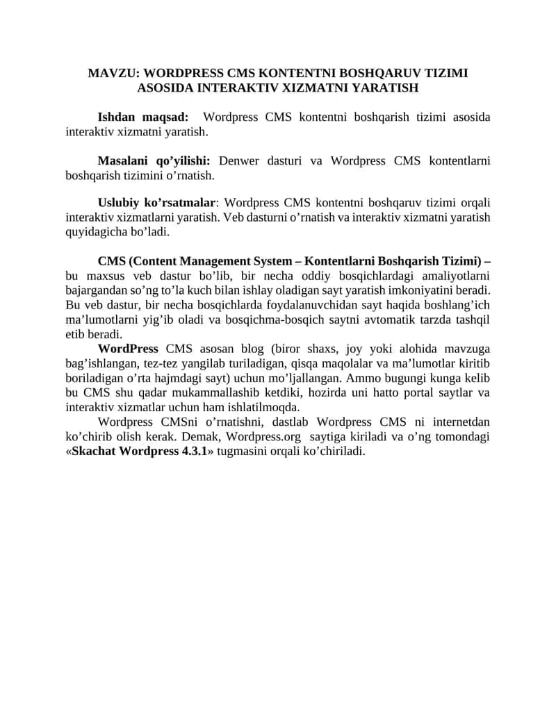 WORDPRESS CMS KONTENTNI BOSHQARUV TIZIMI ASOSIDA INTERAKTIV XIZMATNI YARATISH 1