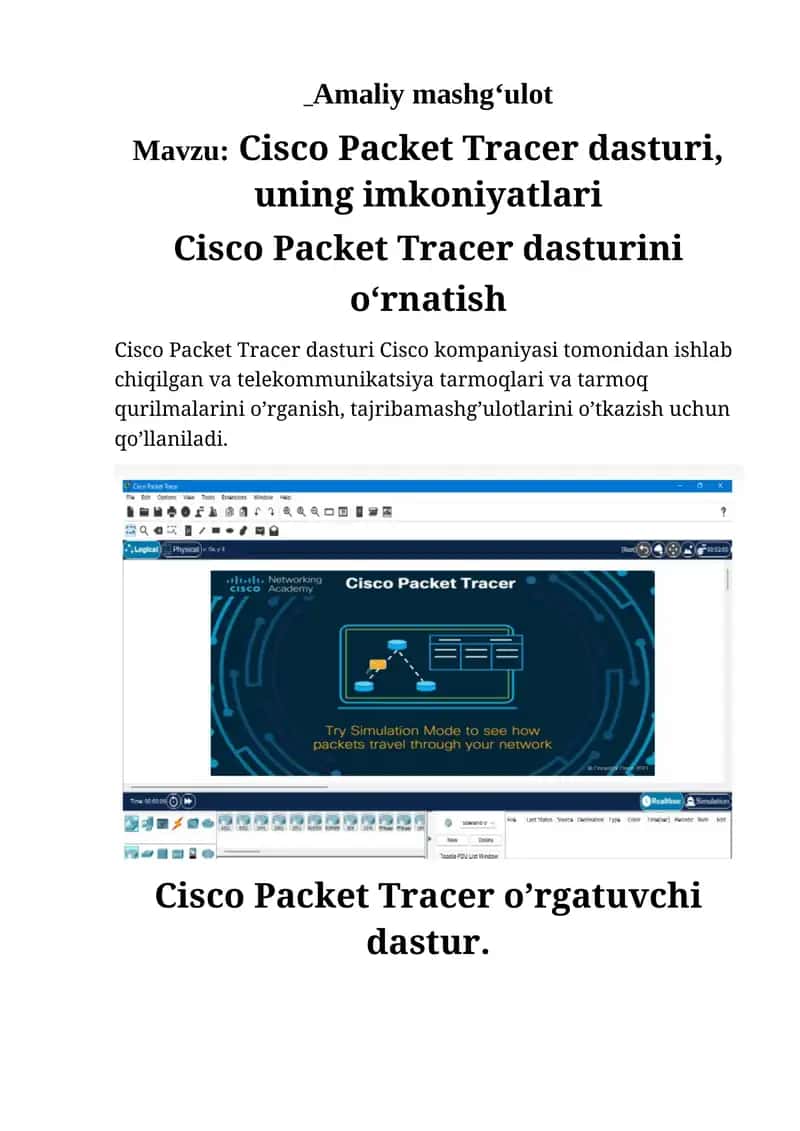 Cisco Packet Tracer dasturi, uning imkoniyatlari 1