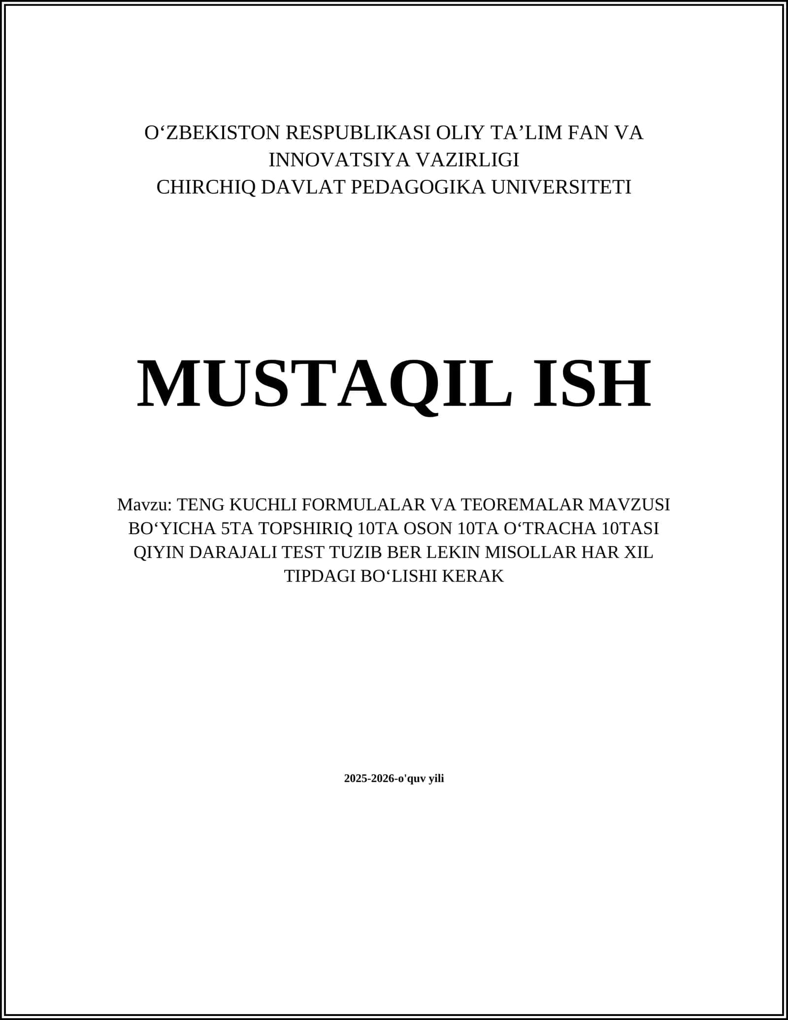 TENG KUCHLI FORMULALAR VA TEOREMALAR MAVZUSI BOʻYICHA 5TA TOPSHIRIQ 1