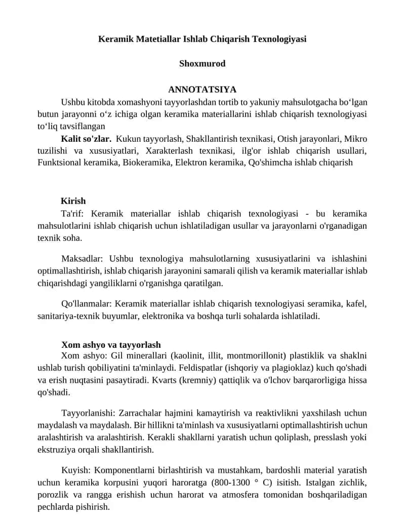 Keramik Matetiallar Ishlab Chiqarish Texnologiyasi 1