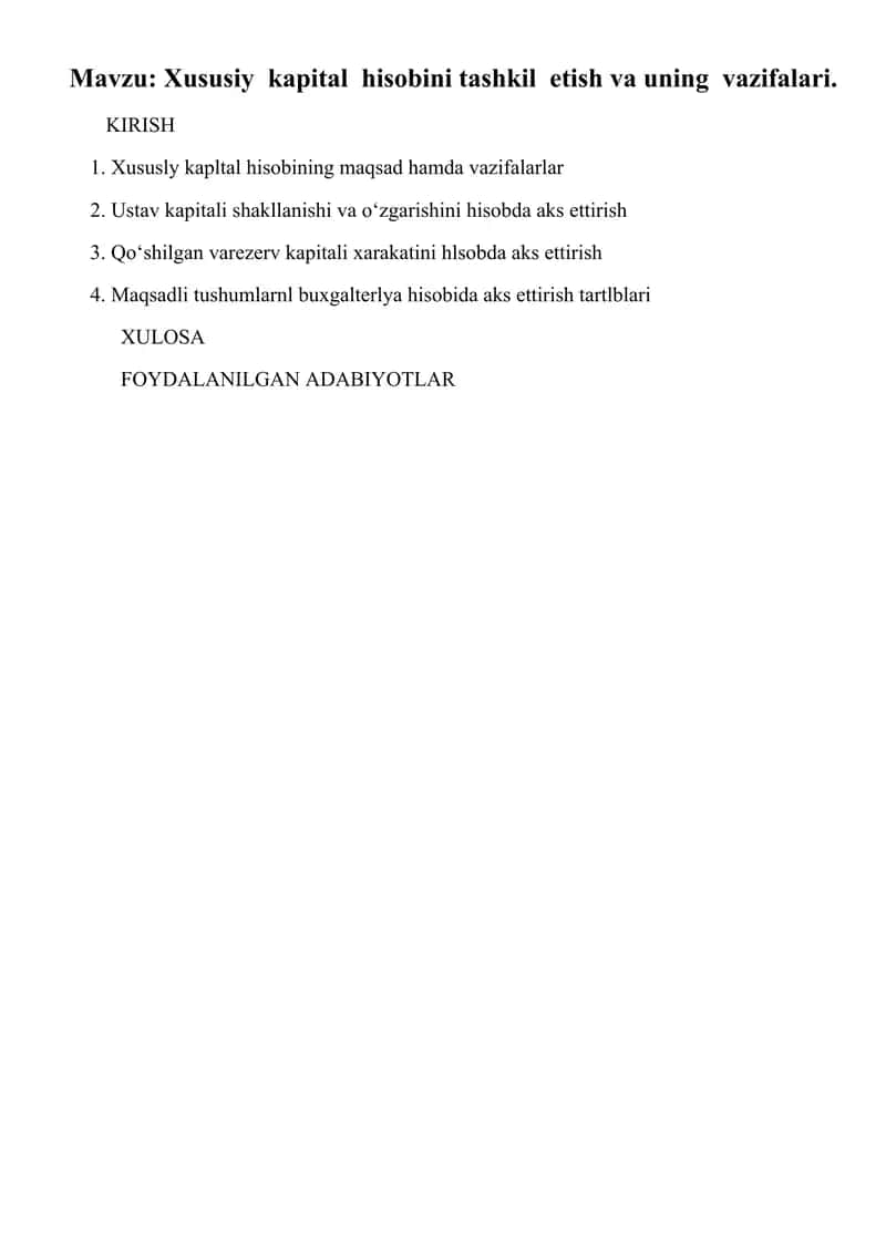 Xususiy kapital hisobini tashkil etish va uni boshqarish 1