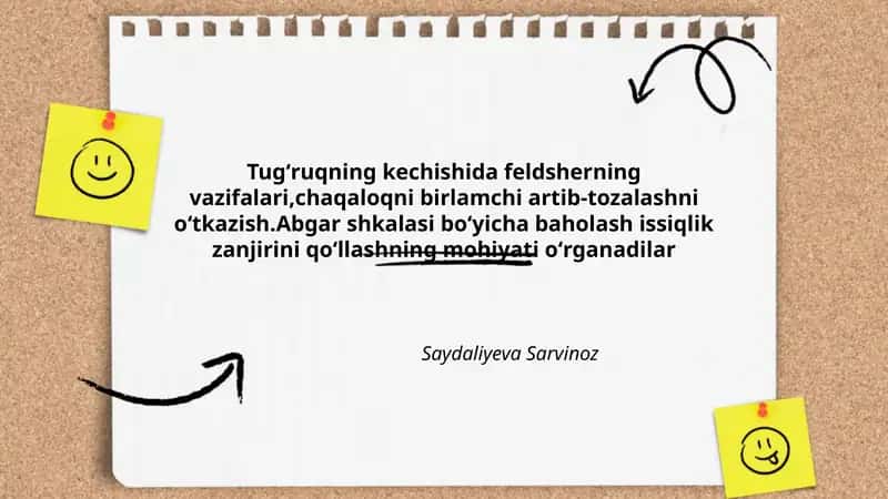 Tugʻruqning kechishida feldsherning vazifalari,chaqaloqni birlamchi artib-tozalashni oʻtkazish 1