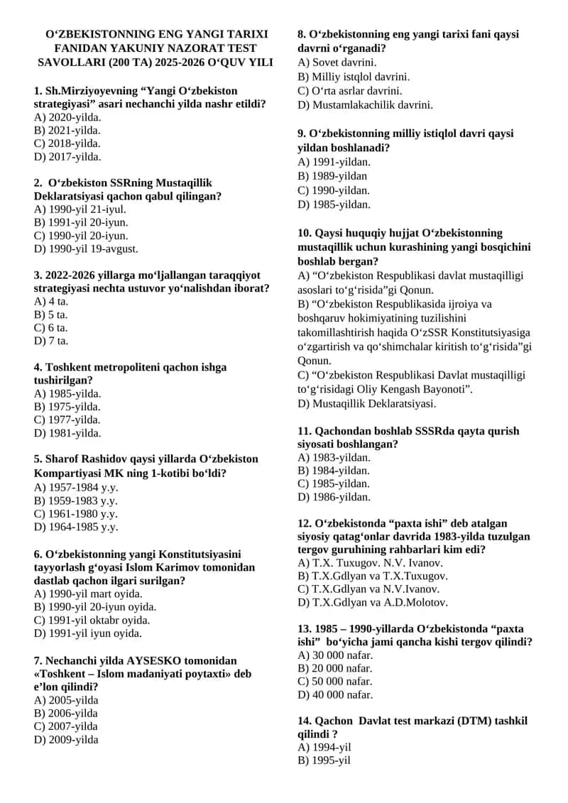 O‘ZBEKISTONNING ENG YANGI TARIXI FANIDAN YAKUNIY NAZORAT TEST SAVOLLARI (200 TA) 2025-2026 O‘QUV YILI 1