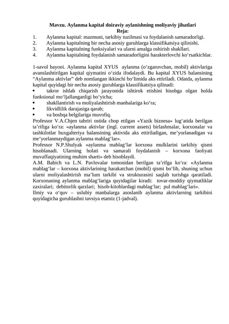 Aylanma kapital doiraviy aylanishning moliyaviy jihatlari 1