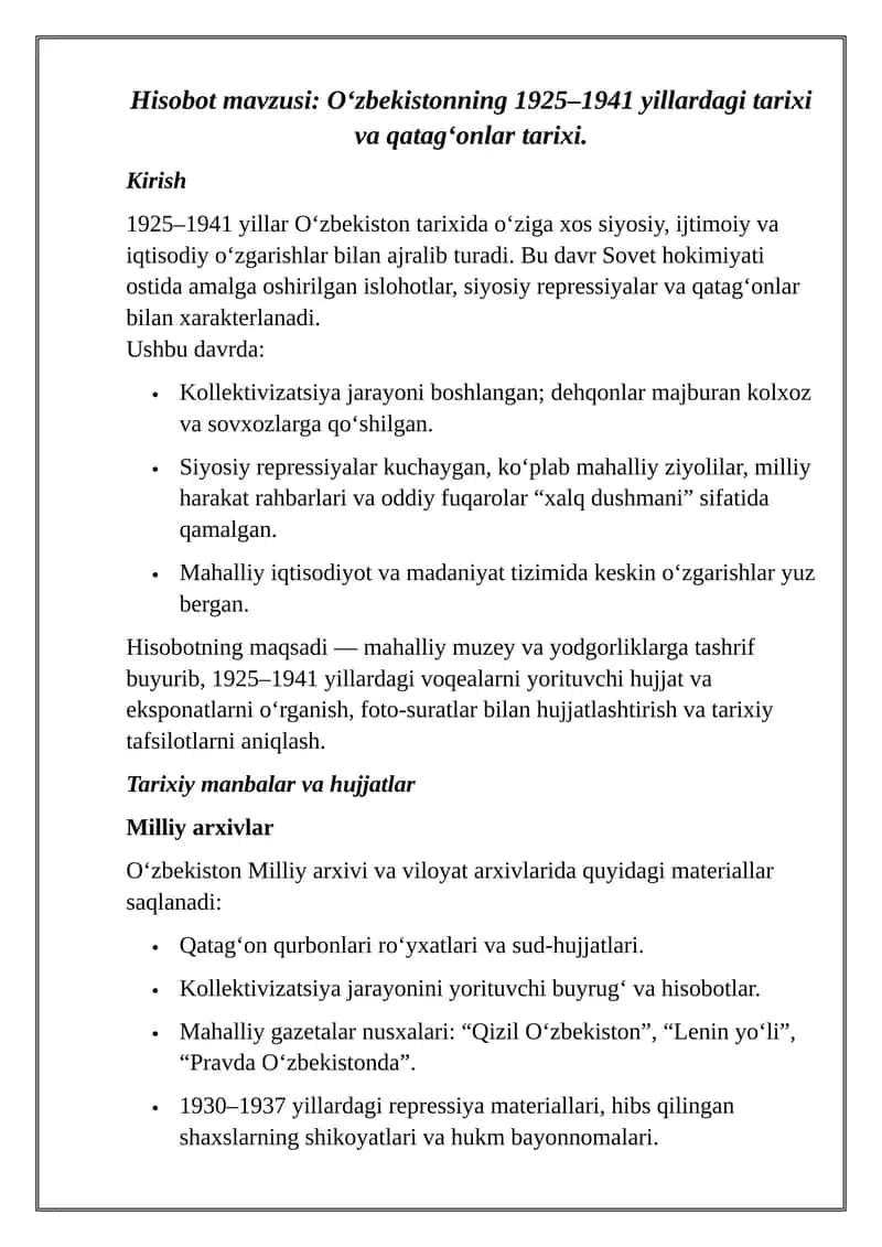 O‘zbekistonning 1925–1941 yillardagi tarixi va qatag‘onlar tarixi 1
