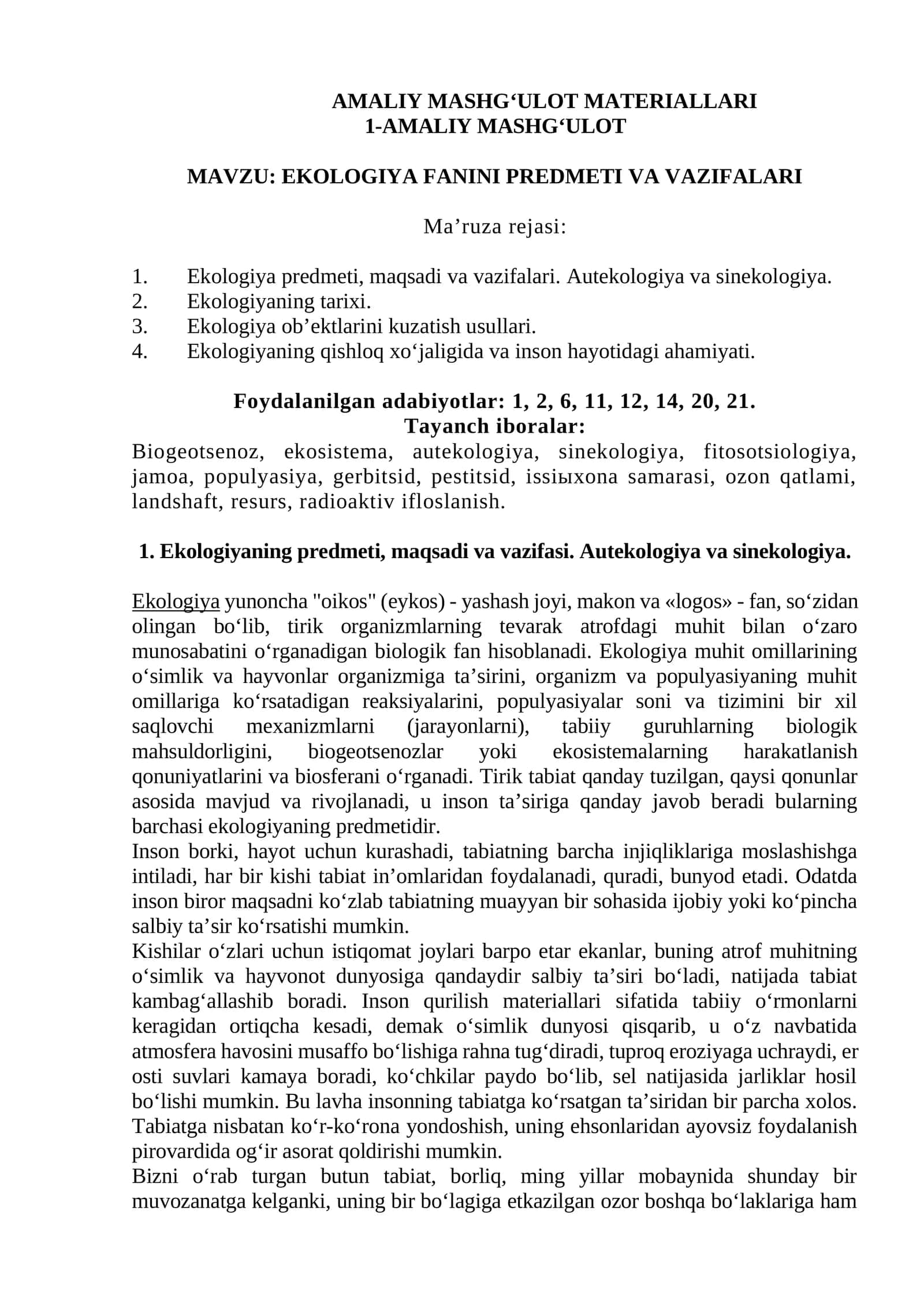 EKOLOGIYA FANINI PREDMETI VA VAZIFALARI 1