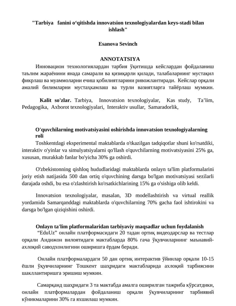 Tarbiya fanini o‘qitishda innovatsion texnologiyalardan keys-stadi bilan ishlash 1