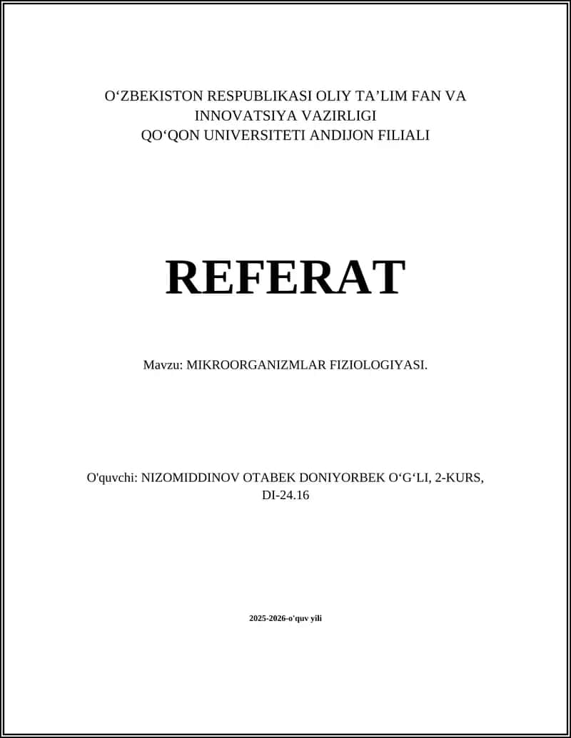 MIKROORGANIZMLAR FIZIOLOGIYASI 1