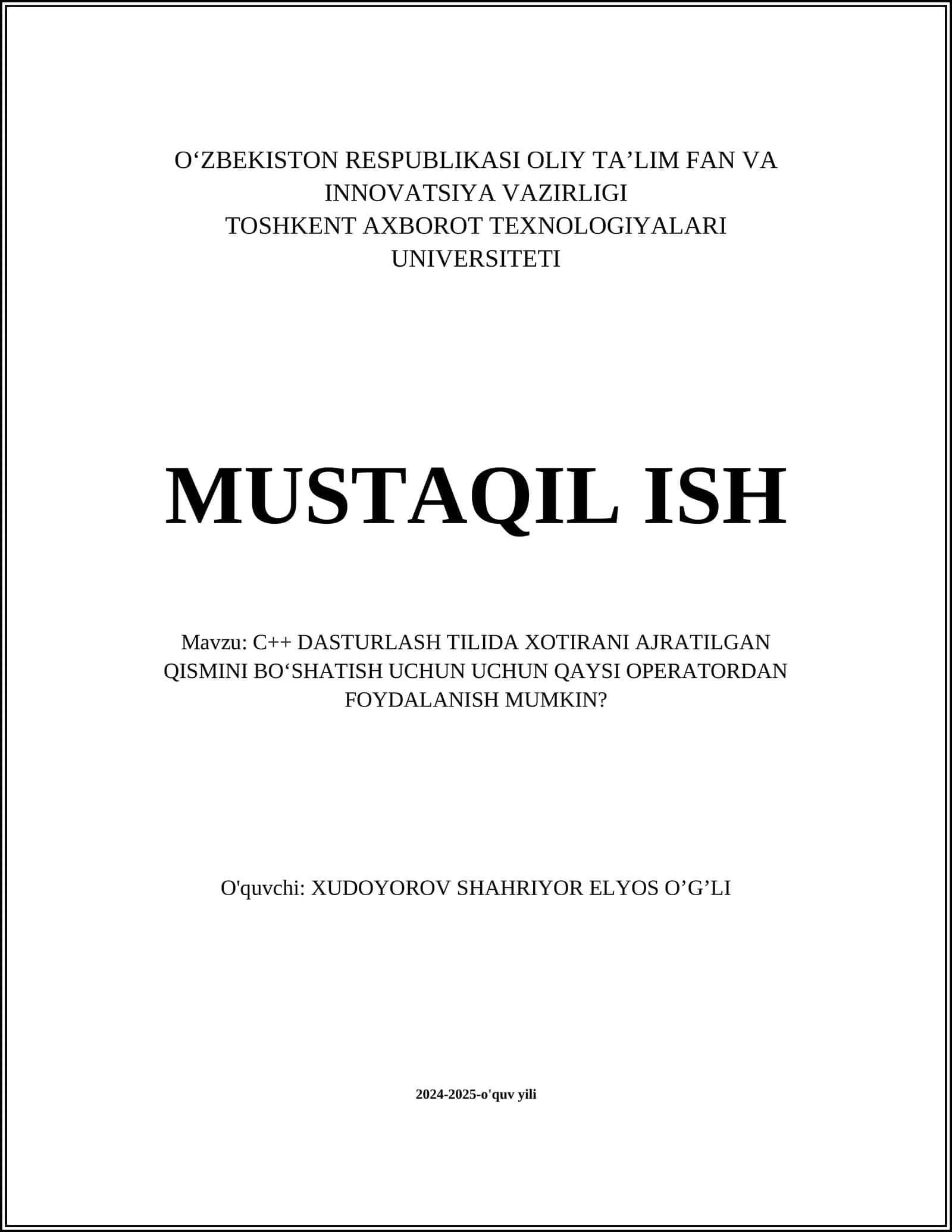 Dinamik xotira ajratish operatori: `new` 1