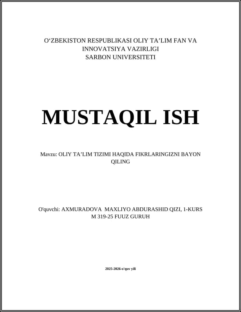 OLIY TAʼLIM TIZIMI HAQIDA FIKRLARINGIZNI BAYON QILING 1