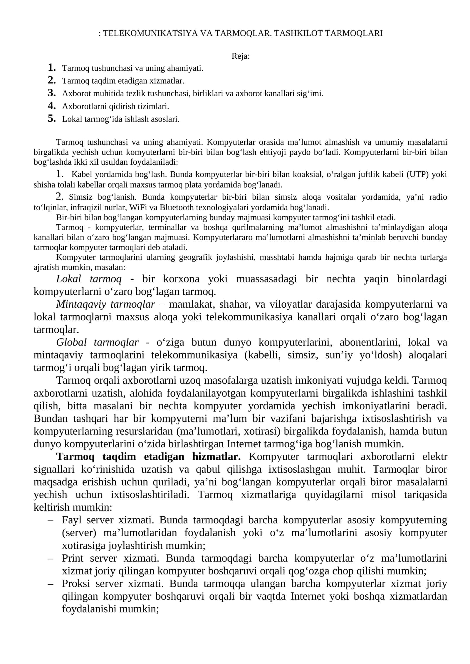TELEKOMUNIKATSIYA VA TARMOQLAR. TASHKILOT TARMOQLARI 1