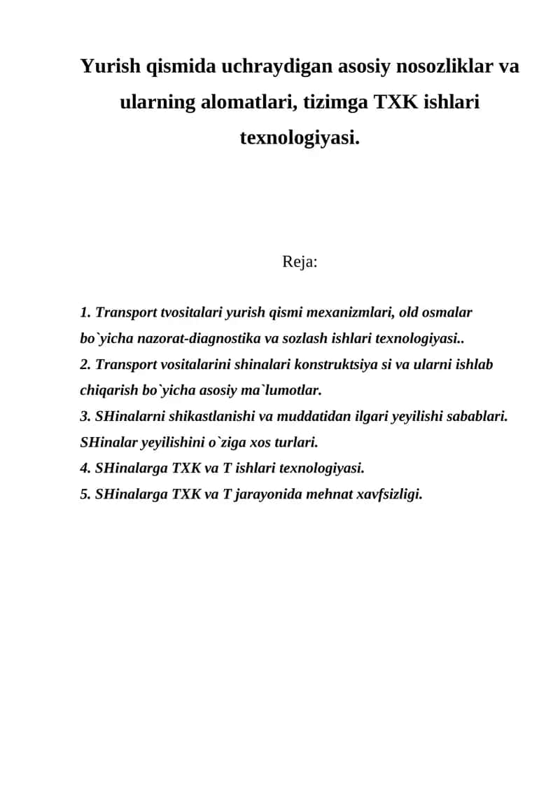Transport tvositalari yurish qismi texnologiyasi 1