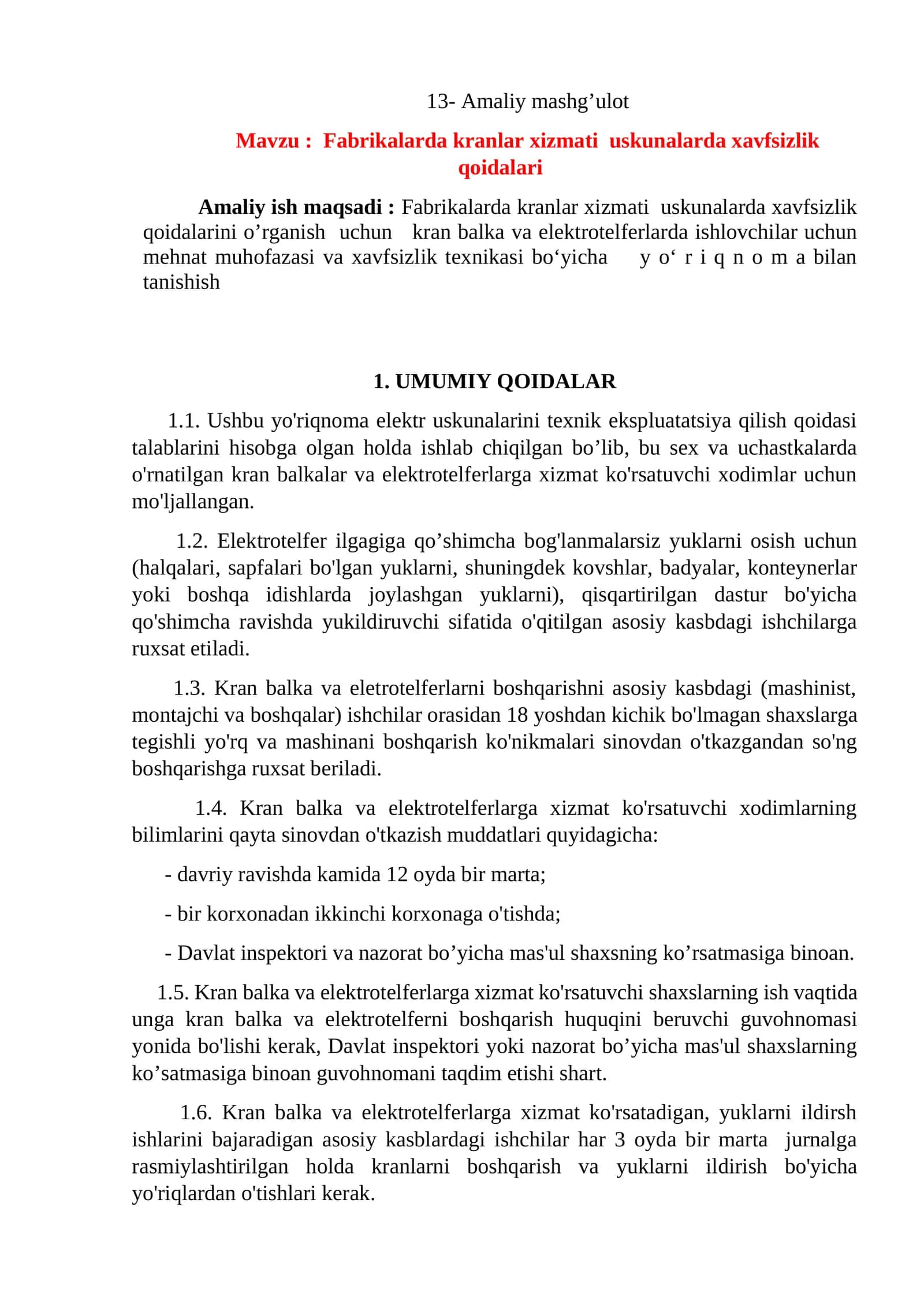Fabrikalarda kranlar xizmati uskunalarda xavfsizlik qoidalari 1
