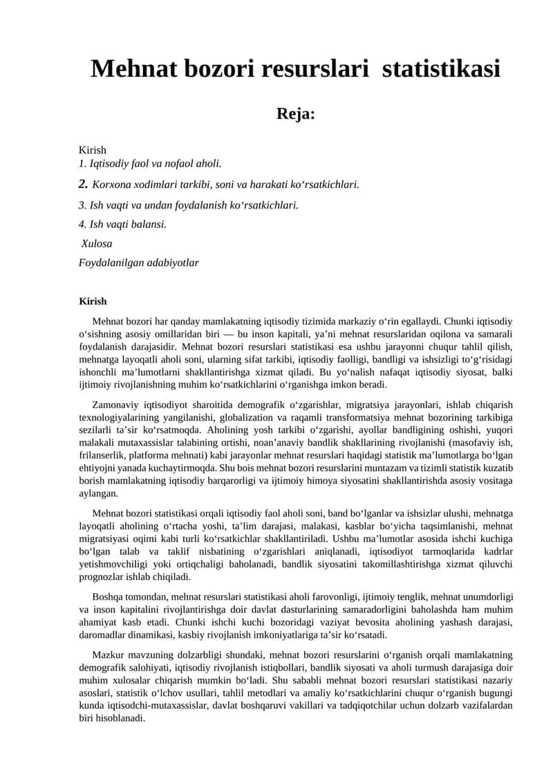 Mehnat bozori resurslari statistikasi 1
