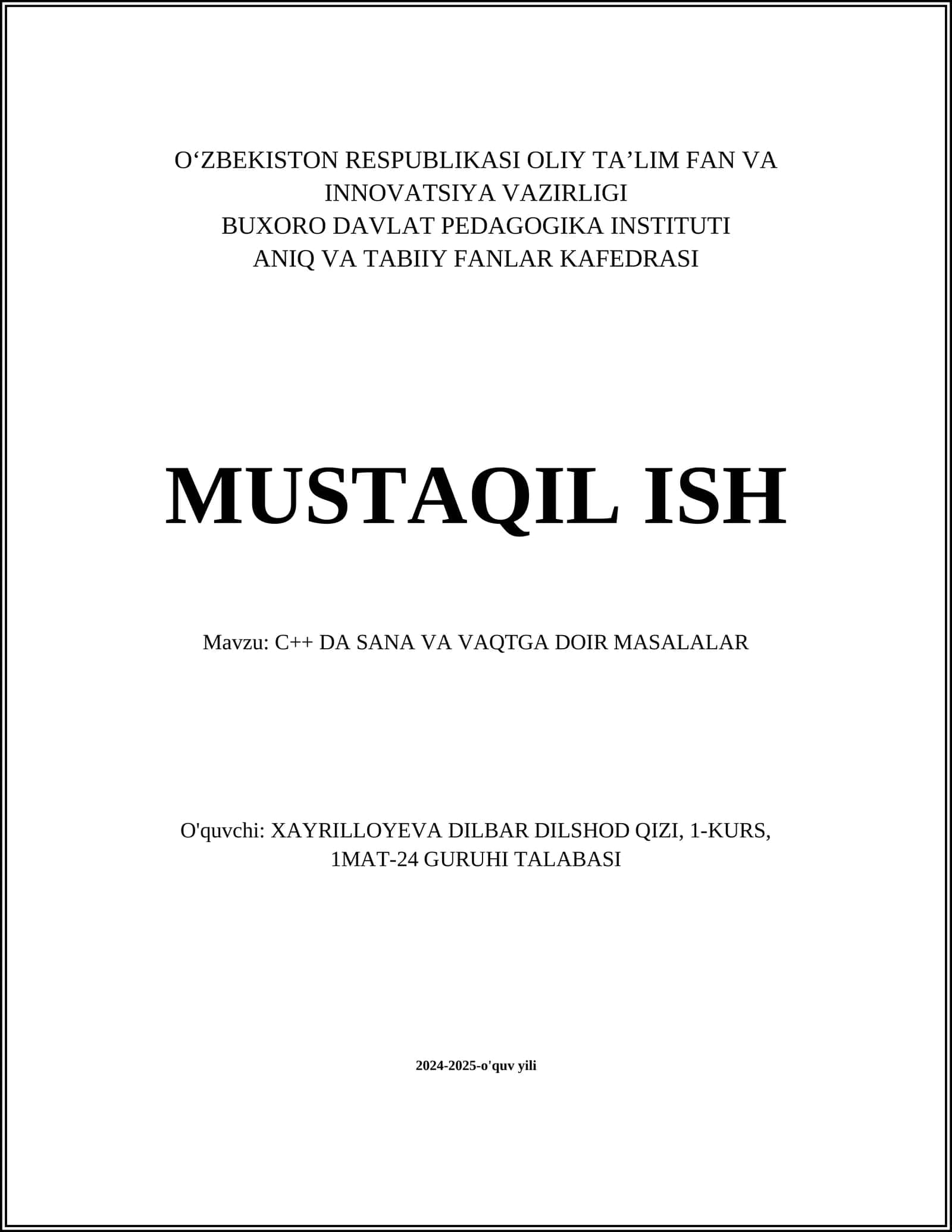 C++ DA SANA VA VAQTGA DOIR MASALALAR 1