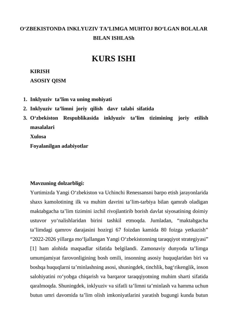 Inklyuziv ta’limga muhtoj bolalar bilan ishlash kurs ishi 1