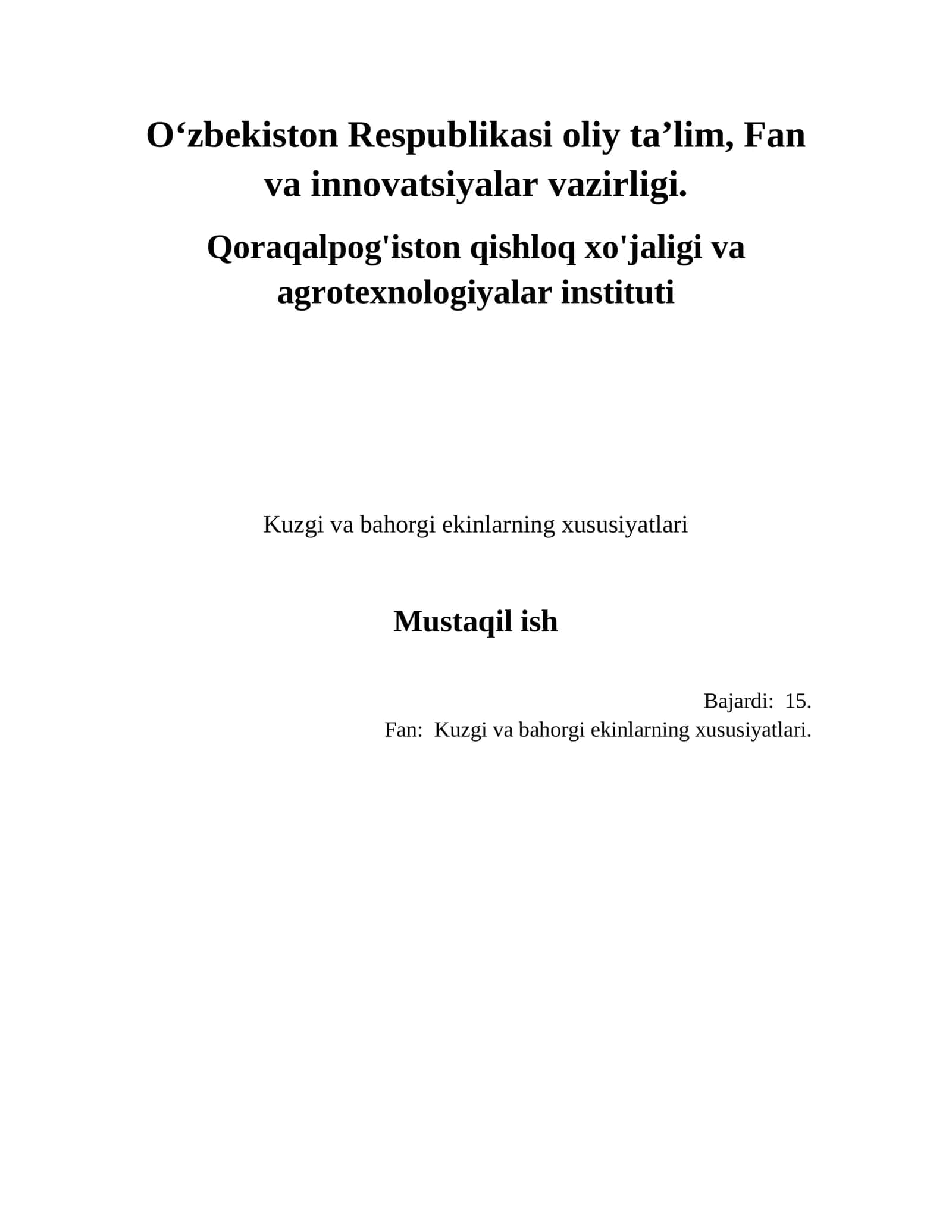 Kuzgi va bahorgi ekinlarning xususiyatlari 1