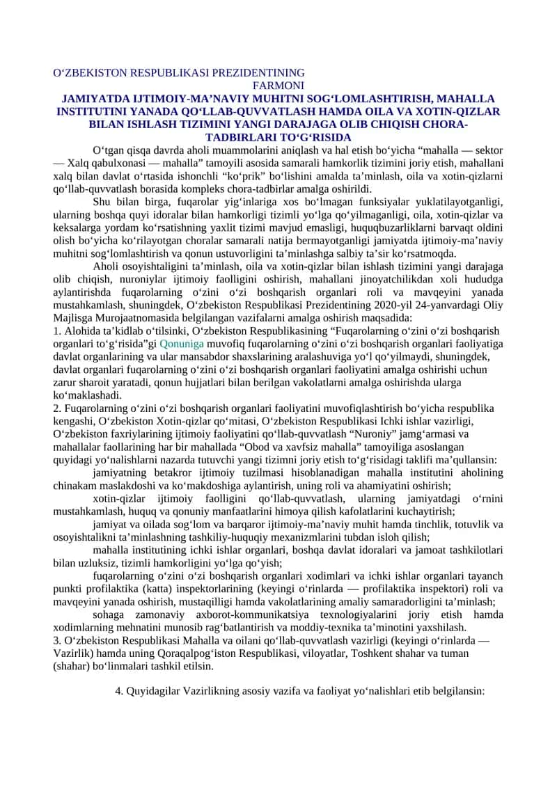 JAMIYATDA IJTIMOIY-MA’NAVIY MUHITNI SOG‘LOMLASHTIRISH, MAHALLA INSTITUTINI YANADA QO‘LLAB-QUVVATLASH HAMDA OILA VA XOTIN-QIZLAR BILAN ISHLASH TIZIMINI YANGI DARAJAGA OLIB CHIQISH CHORA-TADBIRLARI TO‘G‘RISIDA 1