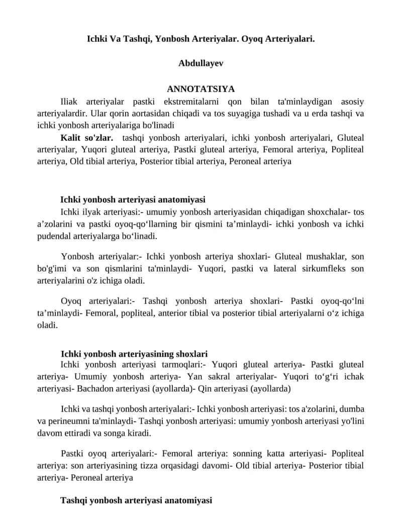 Ichki Va Tashqi, Yonbosh Arteriyalar 1