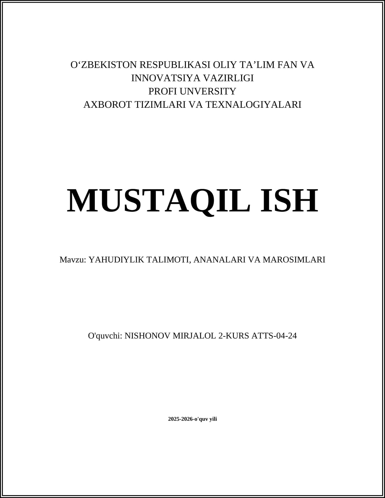 YAHUDIYLIK TALIMOTI, ANANALARI VA MAROSIMLARI 1