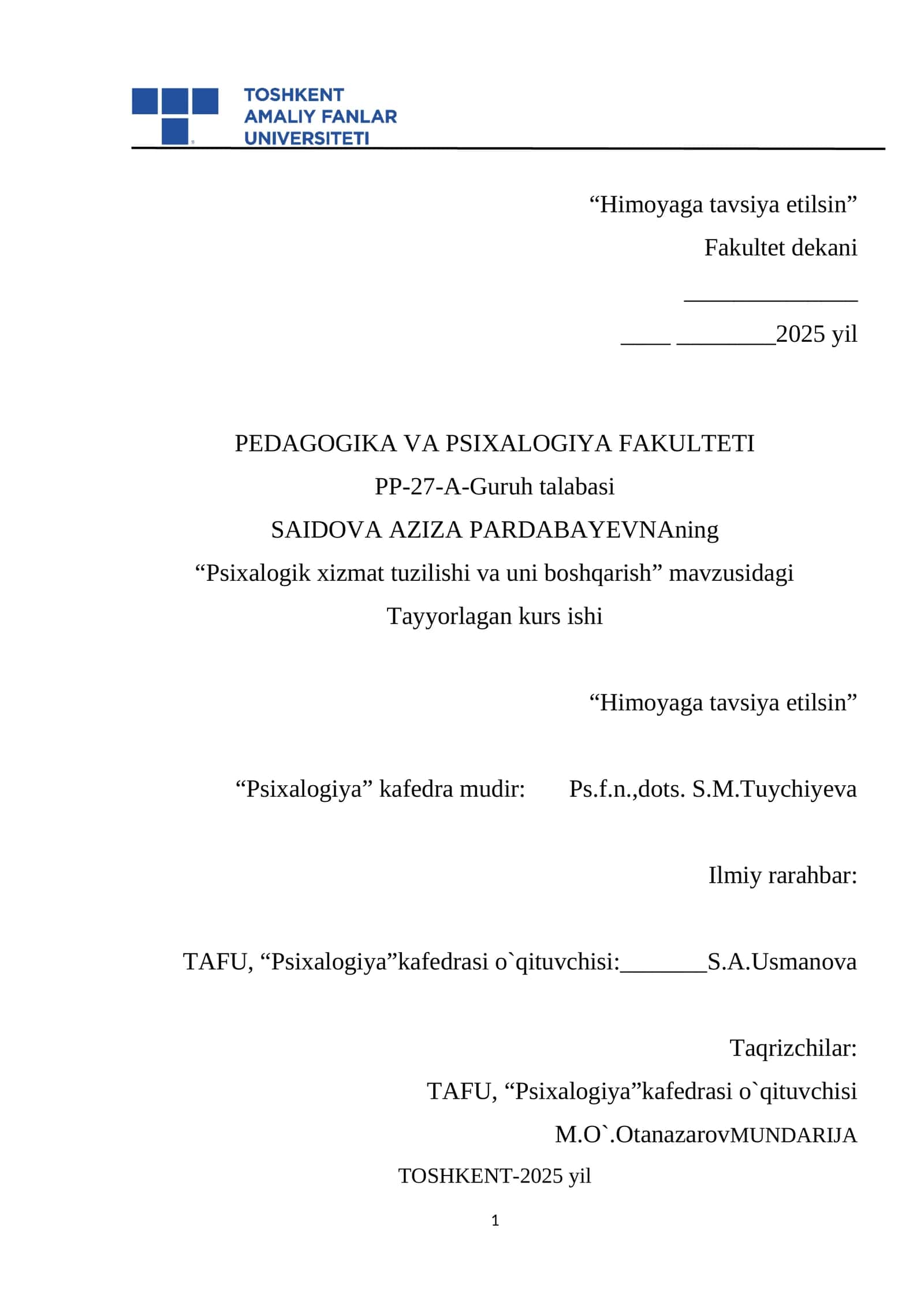 Psixalogik xizmat tuzilishi va uni boshqarish 1