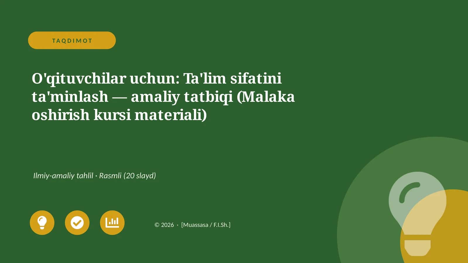 Ta'lim sifatini ta'minlash — amaliy tatbiqi (Malaka oshirish kursi materiali) 1