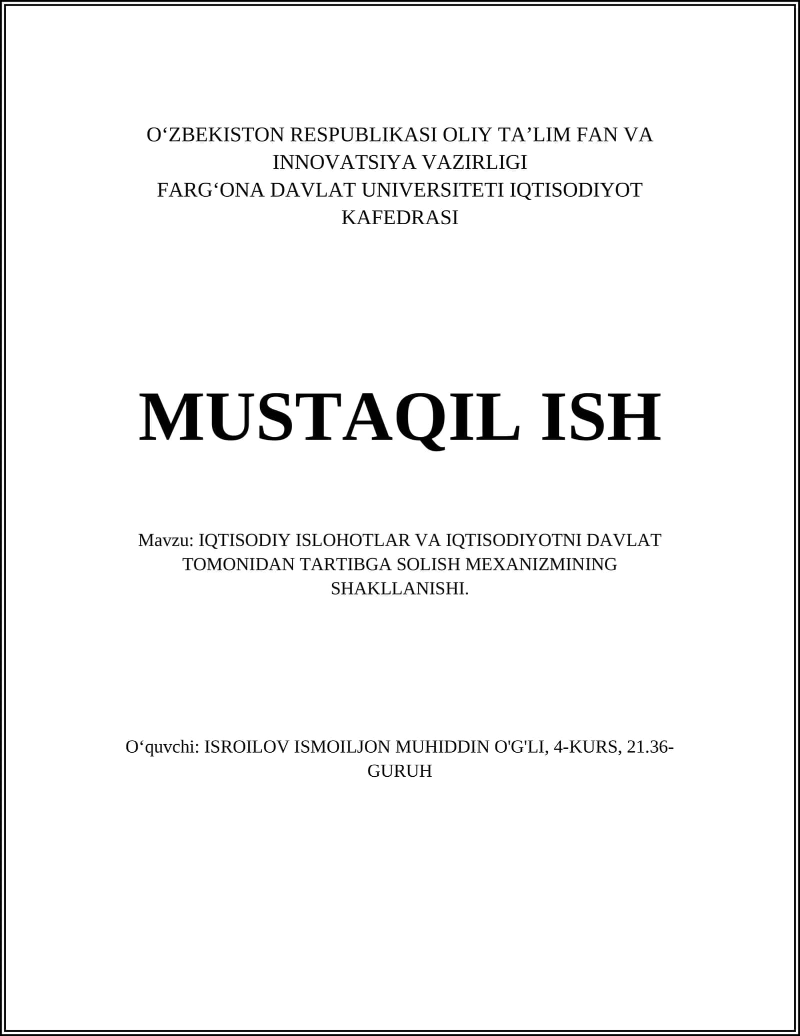 IQTISODIY ISLOHOTLAR VA IQTISODIYOTNI DAVLAT TOMONIDAN TARTIBGA SOLISH MEXANIZMINING SHAKLLANISHI 1
