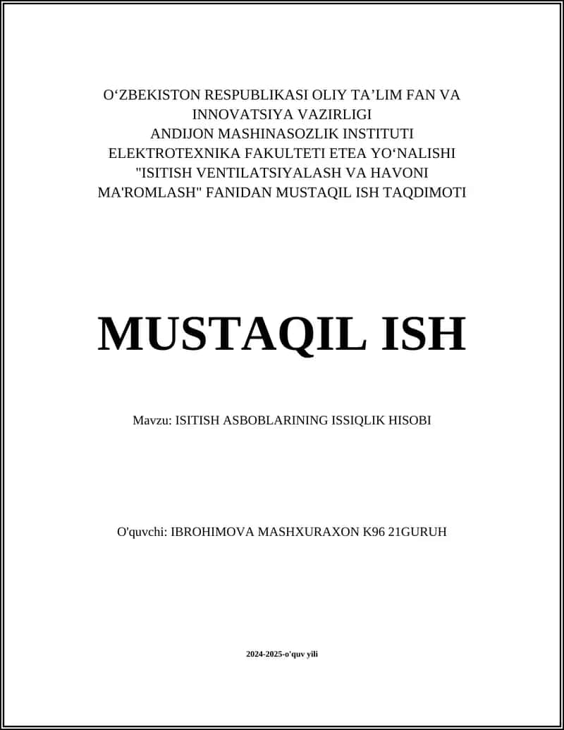 ISITISH ASBOBLARINING ISSIQLIK HISOBI 1
