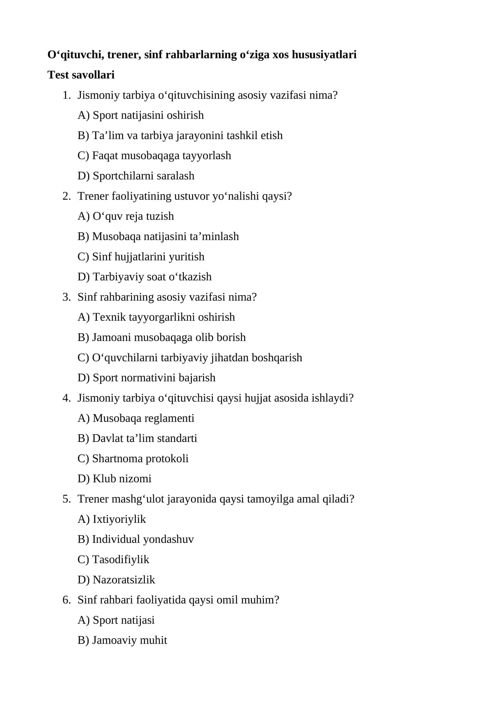 Jismoniy Tarbiya va Sport Fanidagi Asoslari Test Savollari 1