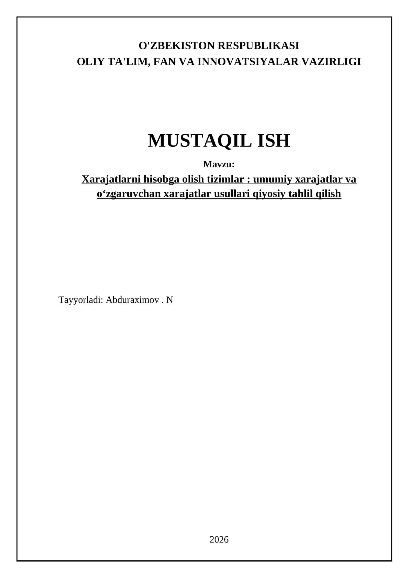 Xarajatlarni hisobga olish tizimlar 1