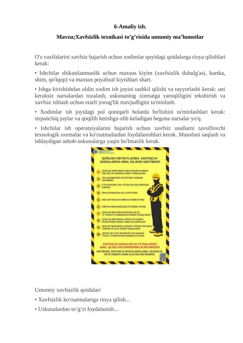 Xavfsizlik texnikasi to’g’risida umumiy ma’lumotlar 1